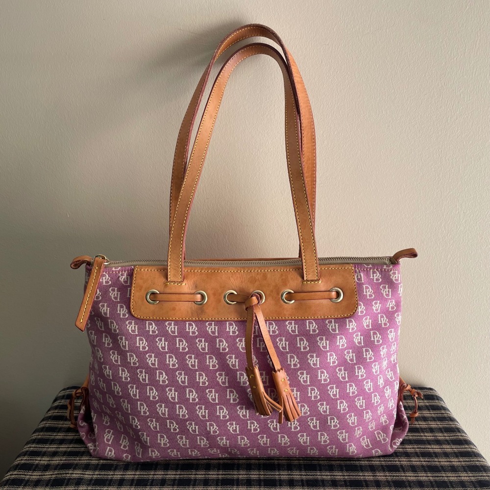 Dooney & Bourke Purple Monogram Cotton Wool Tote Bag Leather Trim Tassel Y2K